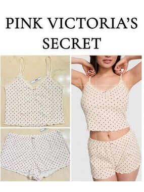 🍓VS PINK Drop Needle Pointelle Tank Top & Shorts Cream Strawberry Pink Rosette L